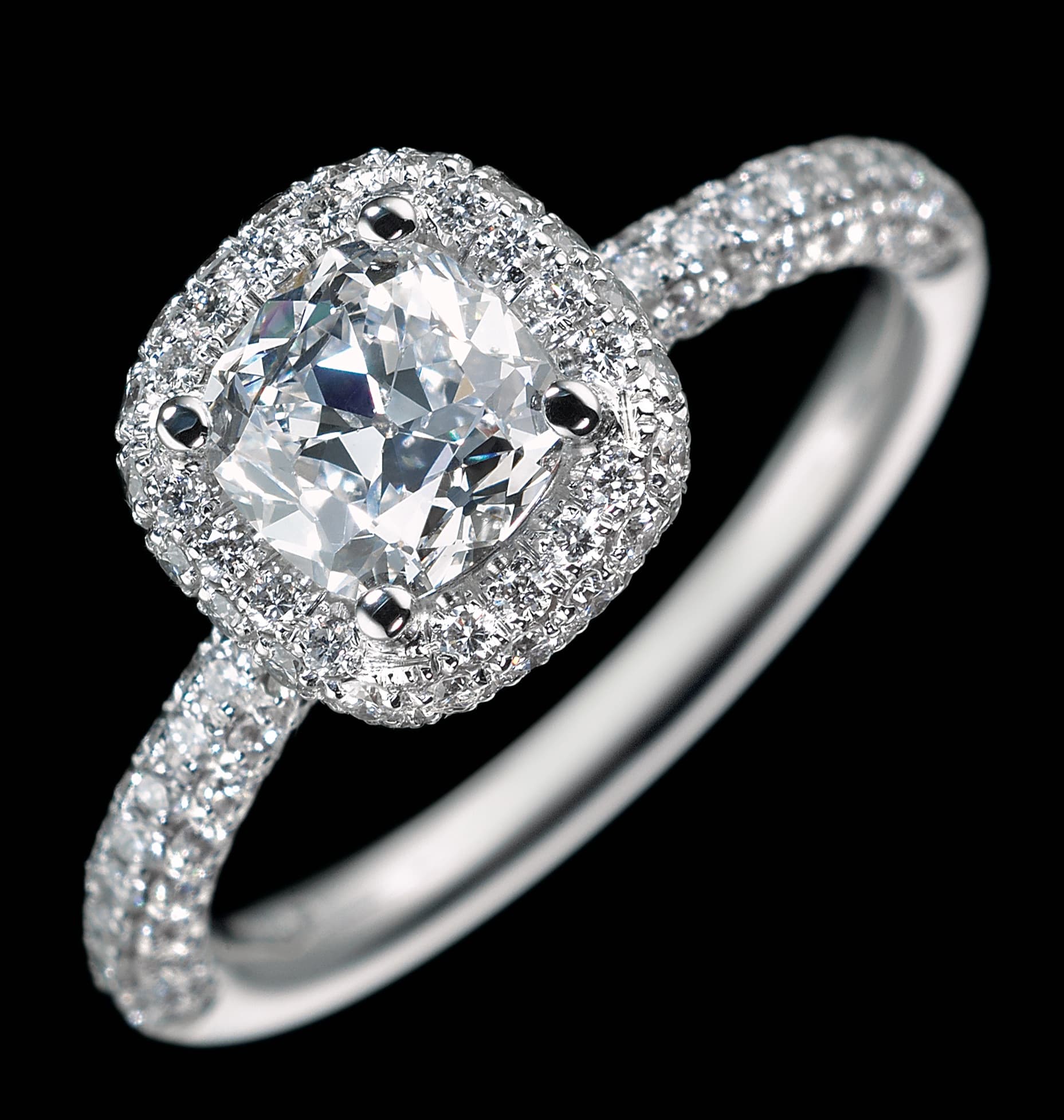 Cushion Cut Micro-Pavé Diamond Ring, cushion cut diamond, micro-pavé setting by James Knight Jewellery