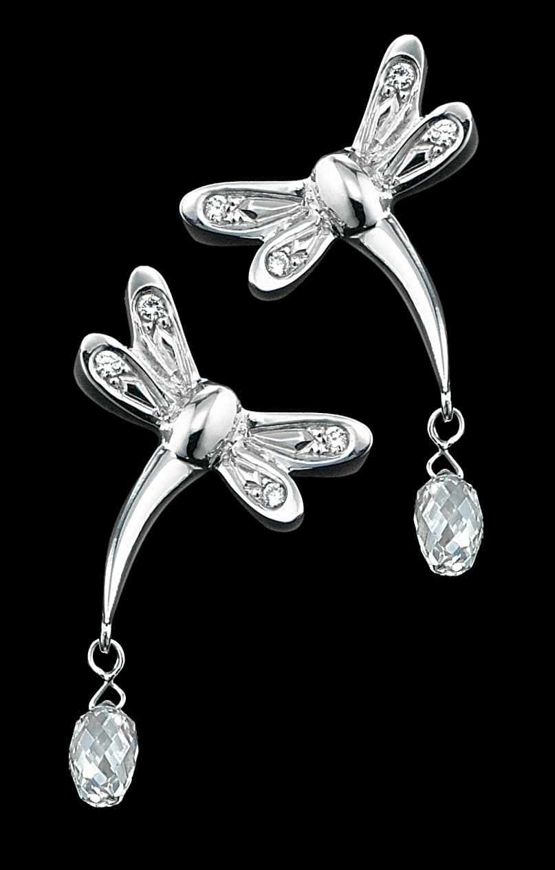 Dragonfly Briolette Diamond Earrings, diamond dragonfly earrings with briolette drops by James Knight Jewellery