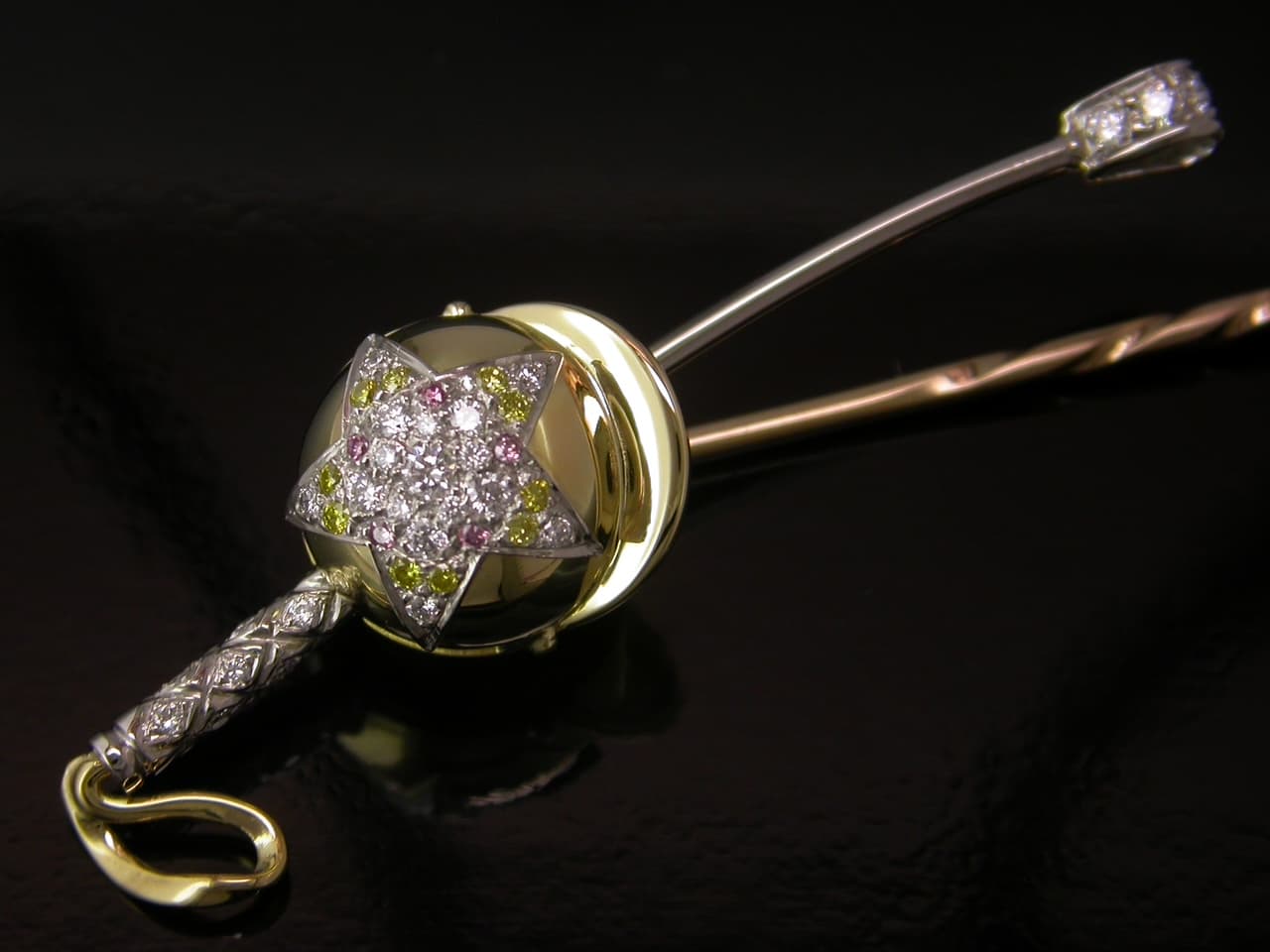 Jockey Pin with Coloured Diamond Detail, diamond and coloured stone pin by James Knight Jewellery