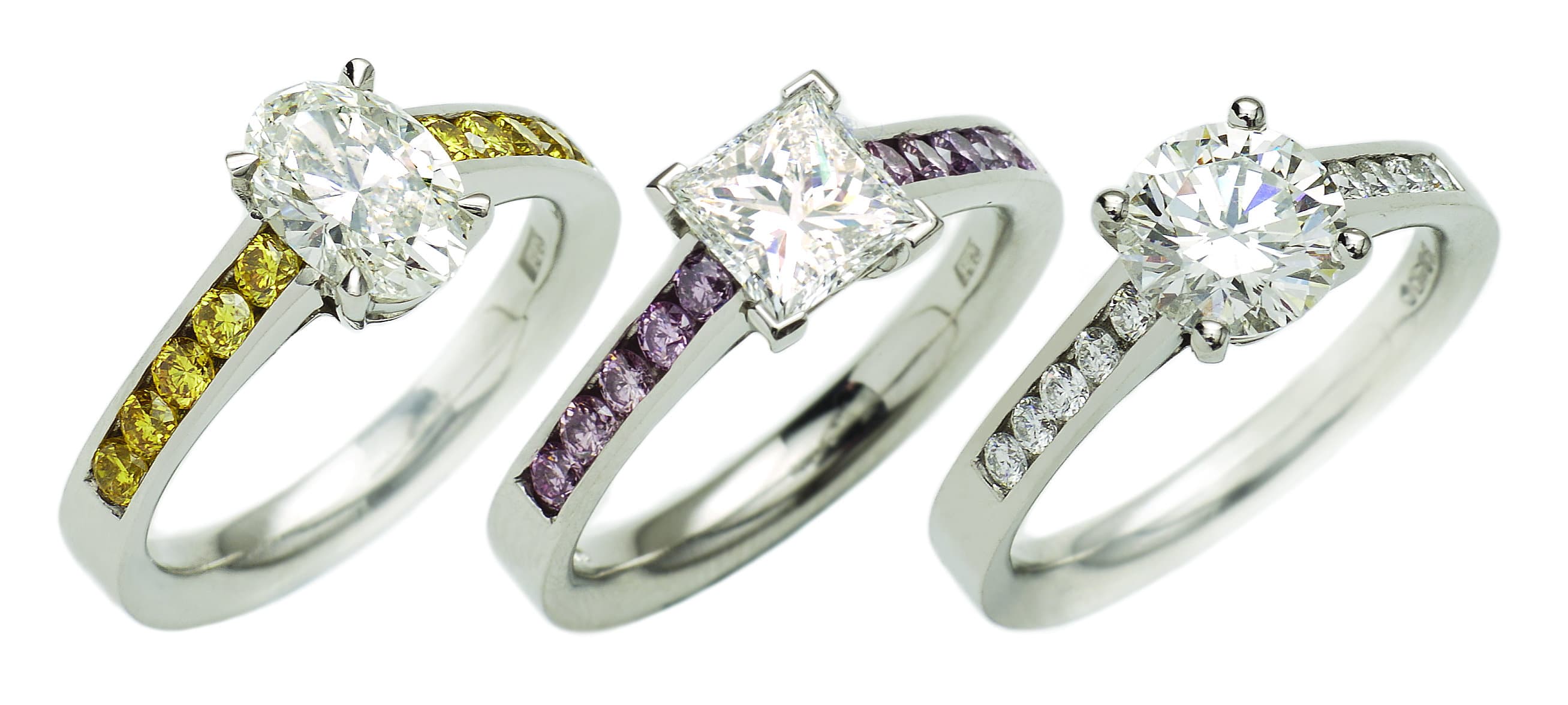 Coloured Diamond Ring Trio, diamond and coloured diamond rings by James Knight Jewellery